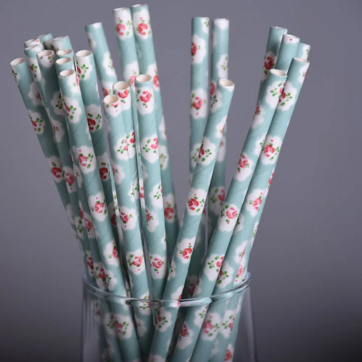 25pcs/lot Vintage Retro Floral Blue Paper Straws Biodegradable Drinking