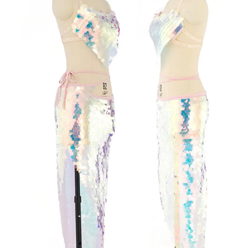 Bling блестящая Русалка набор костюма для танца живота женщин танец живота бюстгальтер юбки профессиональное снаряжение 2 шт розовый блесток