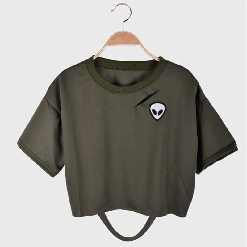 

Summer Fashion sexy tunic Korean fashion Women T Shirt O Neck Short Sleeve crop tops 2019 fashion Alien Print loose cotton tee