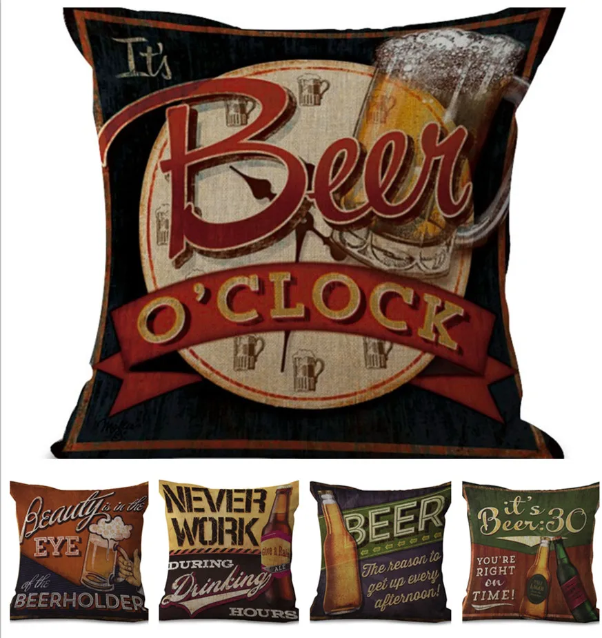 Buy Vintage Beer Linen Cotton Pillow Cover Home Decor Painting Cushions Cover
