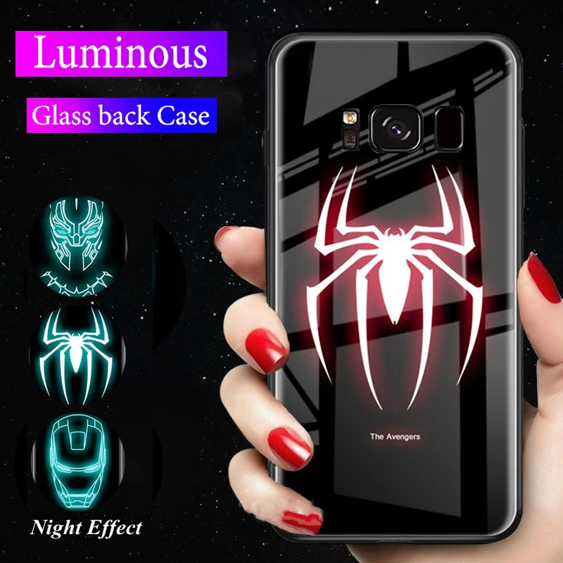 

Hot Fashion Luminous Spiderman Temper Glass Phone Case For Samsung galaxy s8 s9 s10 plus Note 8 9 Avengers Superman Cover Light