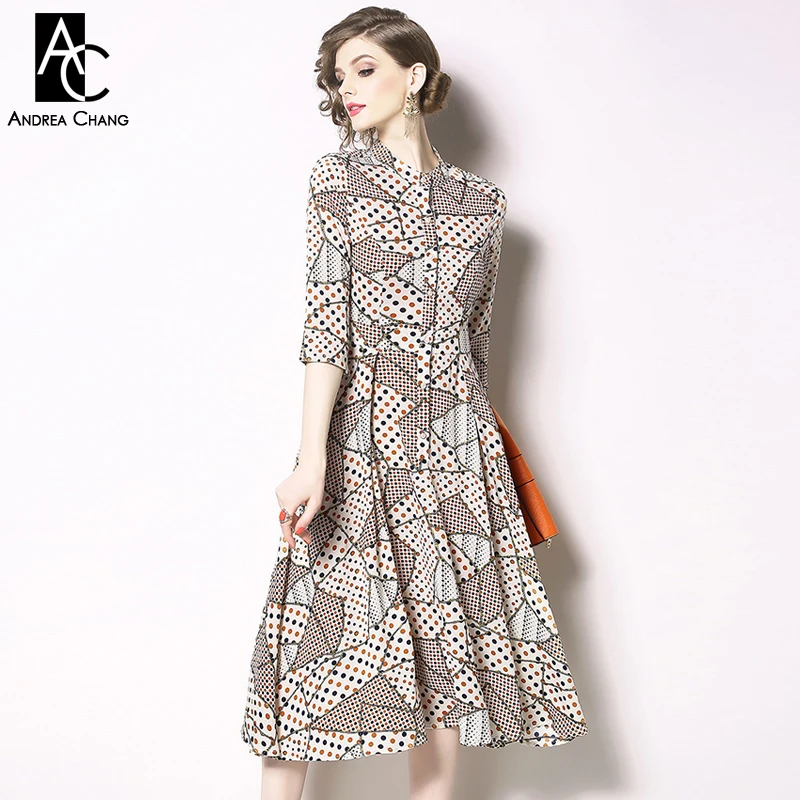

S-3XL spring summer woman dress blue red dot pattern print dress calf length 3/4 sleeve fashion casual office patchwork dress