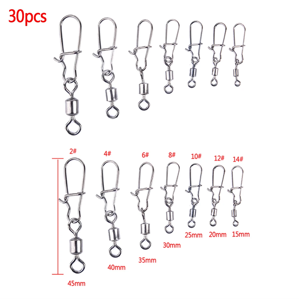 

30PCS 2# 4# 6# 8#10# 12#14# Stainless Steel Fishing Connector Pin Bearing Rolling Swivel Snap Pins Fishing Tackle Accessories