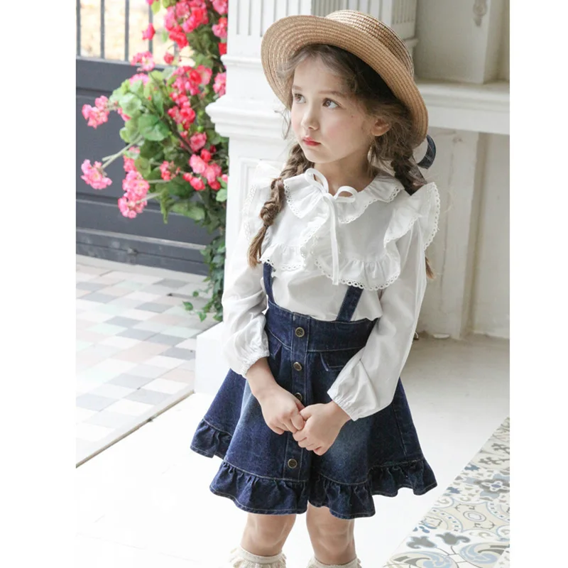 2017 Big kids clothing set toddler round collar lace shirt +denim strap