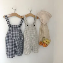 Летние комбинезоны для маленьких мальчиков и девочек модная Корейская одежда в клетку