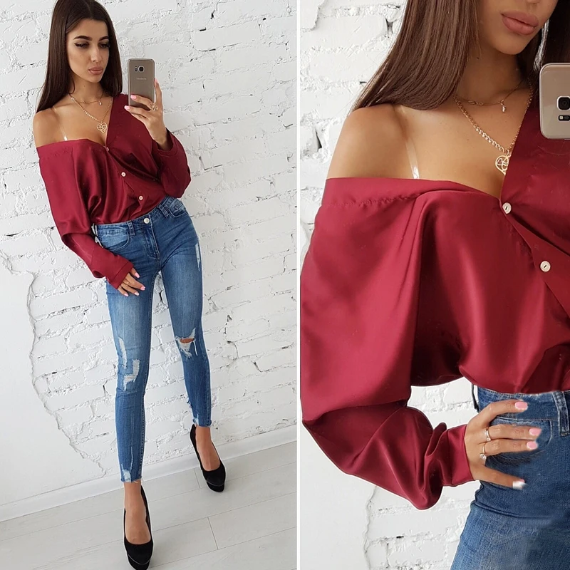 

Spring Tops 2019 Fashion Solid Sexy Deep V-neck Off Shoulder Long Sleeved Blouse Casual Button Loose Bat Sleeve Party Shirts