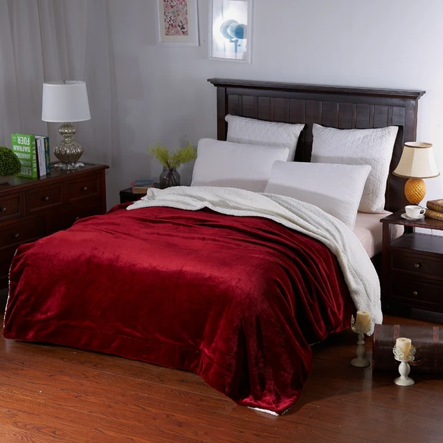 Red wine fleece blanket on the bed,multi size adults solid color