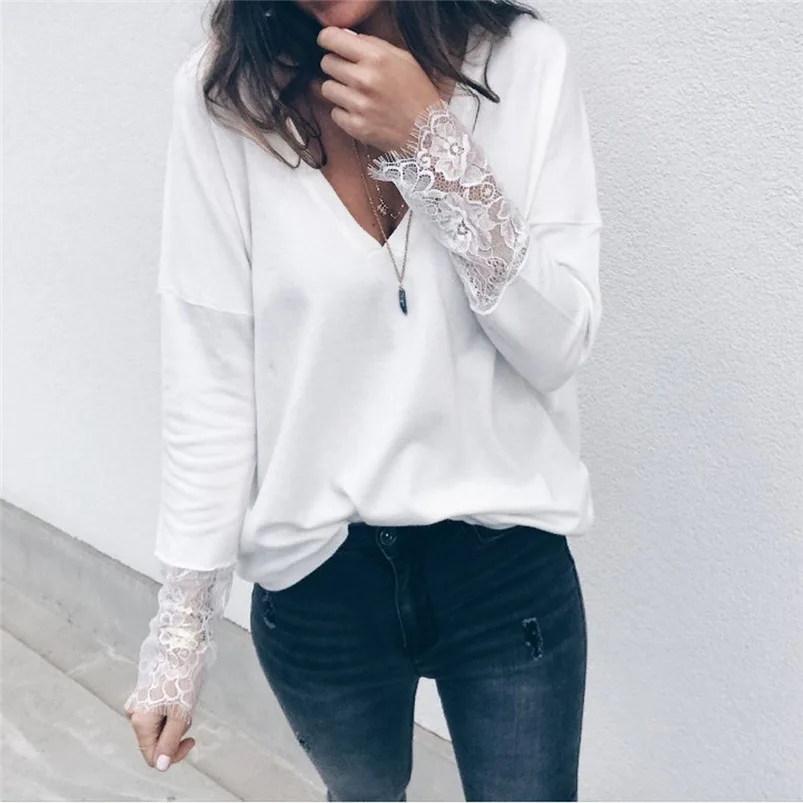 

Women tshirt 2018 For Autumn Sexy White V Neck Long Sleeve Solid Casual Shirt Tops feminina camiseta #Y25