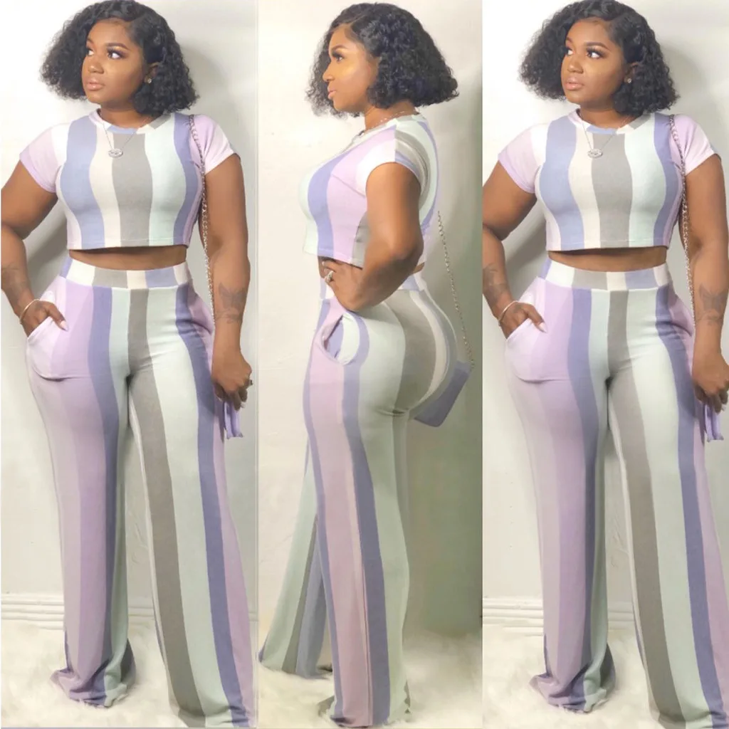 

Purple Striped 2 Piece Outfits Co-ord Matching Set for Women Fashion Tracksuit 2019 Summer Top and Pant Suits Festival Clothing