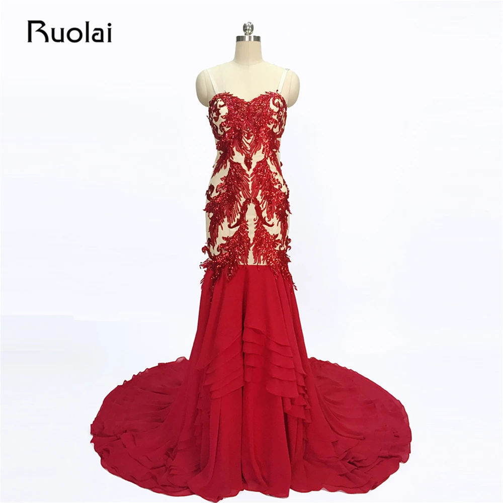 Sexy Beadings Tulle Mermaid Red Evening Dress 2016 Spaghetti Strap