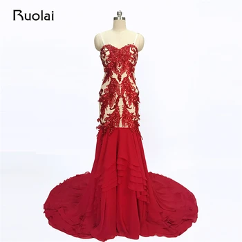 

2019 Red Phoenix Beading Sexy Sweetheart Straps Mermaid Evening Dresses Tulle Chiffon Prom Dress Party Gown Rode de Soiree FE13