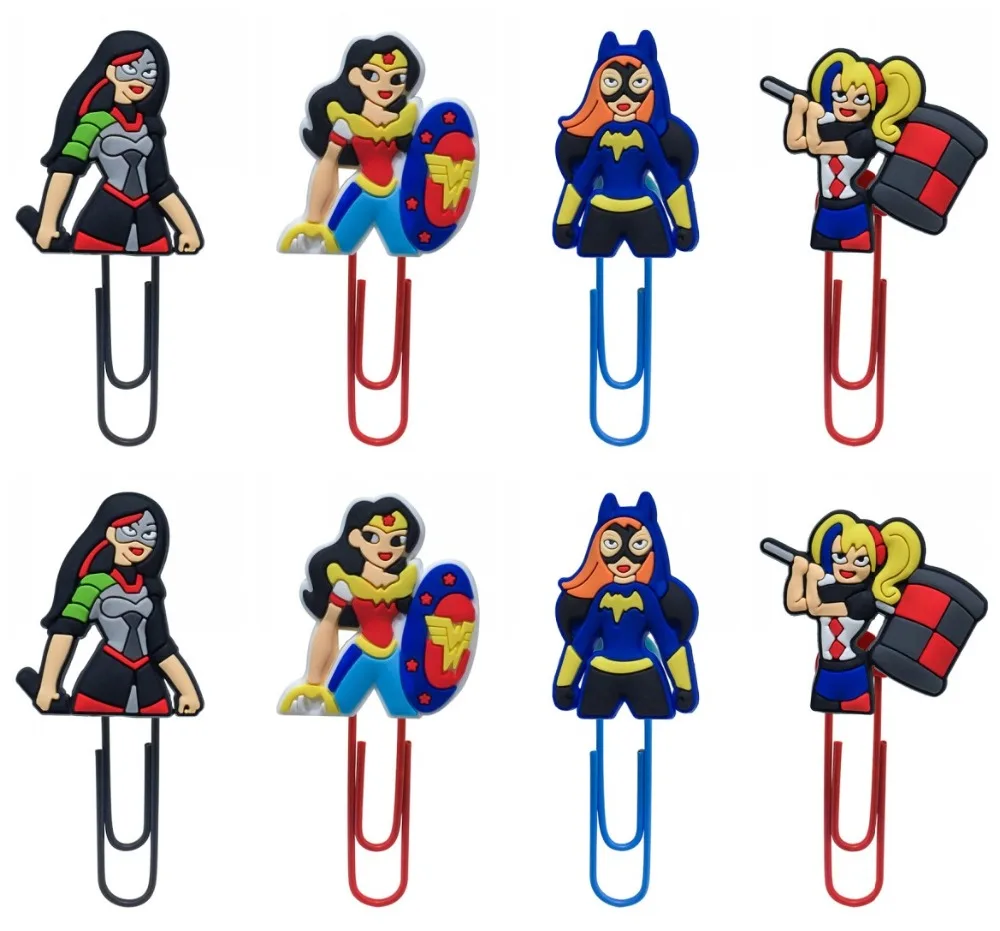

8PCS Super Hero Girls PVC Paper Clips Cartoon Bookmarks Pen Holder Office School Supplies Magazine Label Reading Kids Favor