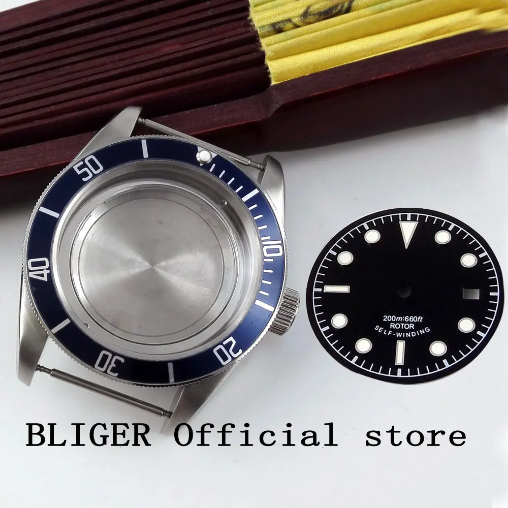 Solid 41MM Stainless Steel Blue Bezel Sapphire Glass Watch Case+Black Dial Fit For ETA 2824 2836 Automatic Movement - Цена: 