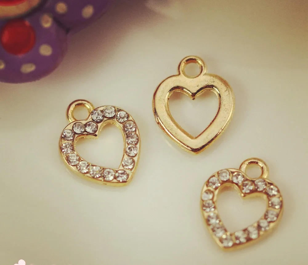 50pcs 11*13mm Gold Color Crystal Love Hearts Charms Pendants For DIY