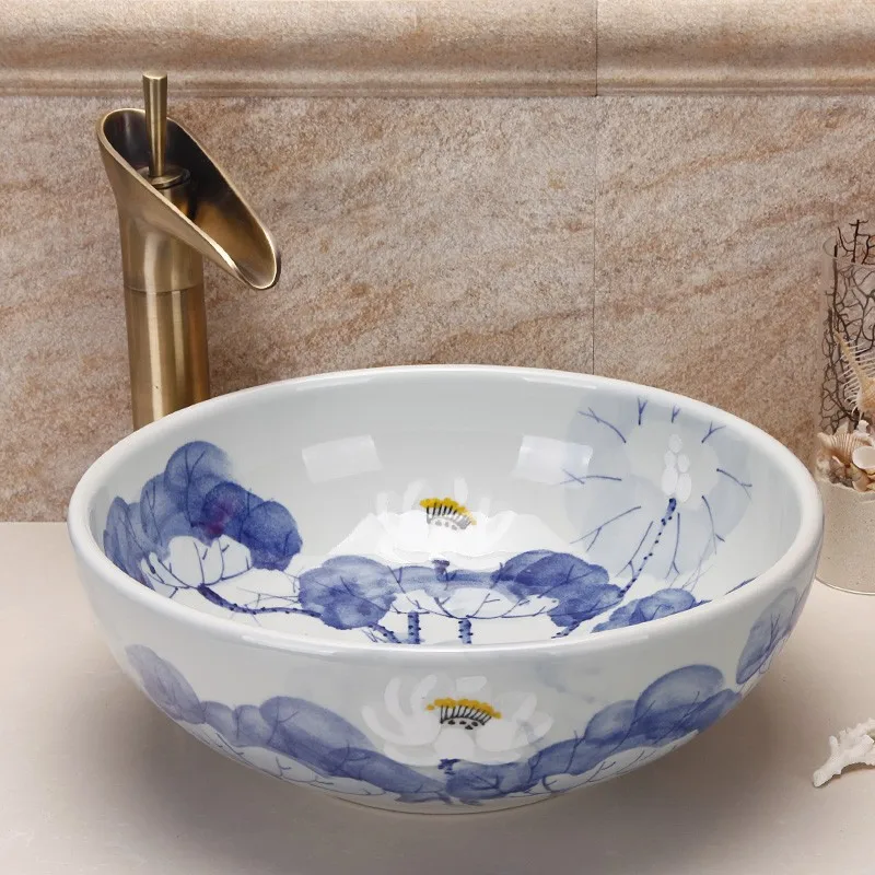 Jingdezhen hand paint porcelain blue and white ceramic bathroom wash basin sinks Jingdezhen hand paint porcelain blue and white ceramic bathroom wash basin sinks