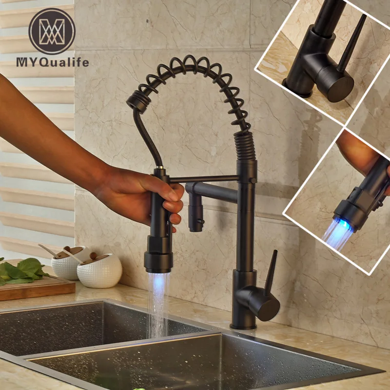 

Modern Deck Mounted One Handle Kitchen Sink Fucet Tap LED Light Pull Down Dual Spout Bathroom Kitchen Mixer Faucets