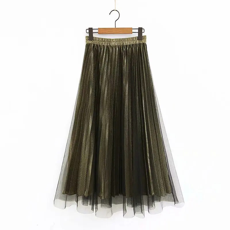 Европейские и американские женские длинные юбки юбка для девочек Весенняя Новая Металлическая сетчатая юбка в складку