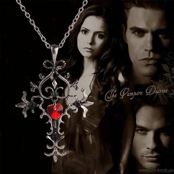 

Vintage Movie Vampire Diaries Gothic Fantasy Red Cross Necklace Punk Style Men Jewelry Wholesale 24pcs/lot