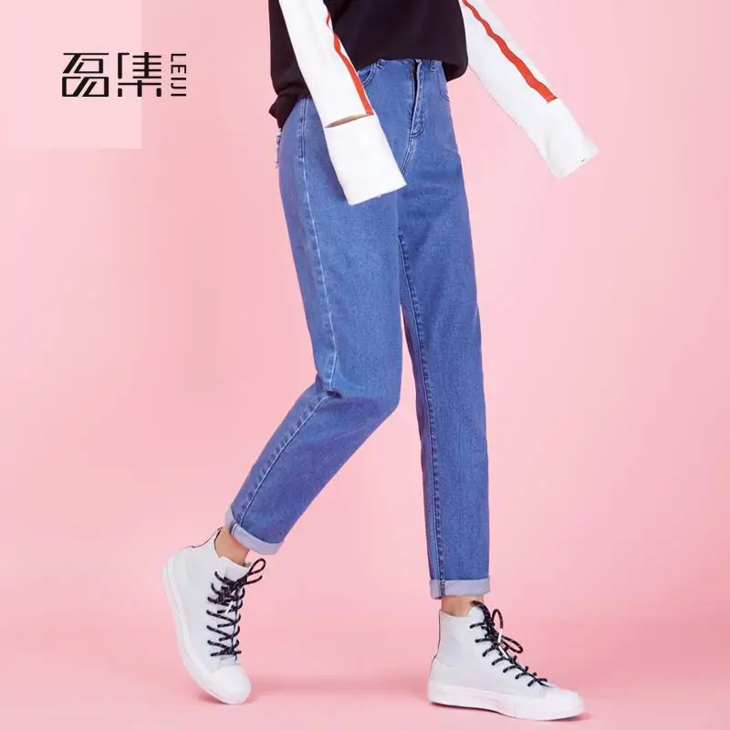 

Ripped Jeans Women Spring Vintage Light Blue Embroidery Plus Size Mid Waist Tassel Harem Pants