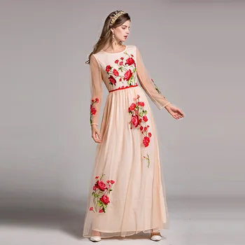 

High Quality 2017 Autumn fashion Runway Maxi Dresses Women's Long Sleeve Elegant Flowers embroidery Print Vintage Long Dress