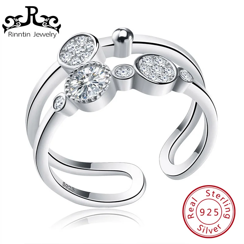 

Rinntin Sterling Silver S925 Adjustable Ring Paved Cubic Zircon Open Cuff 2 Layer Ring Engagement Party Female Jewelry TSR20