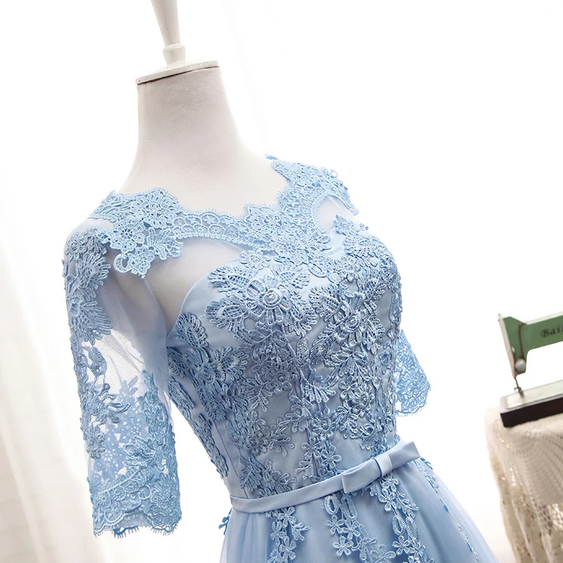 Платье женское светло синее кружевное с глубоким вырезом длиной до пола|bridesmaid dress