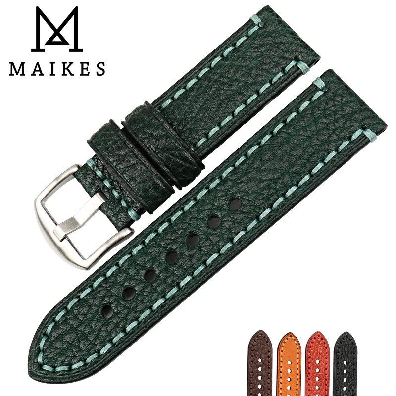 Vente MAIKES Bande De Montre De Mode Pour PANERAI Véritable Bracelet de Montre en Cuir De Vache Vert 20 22 24 26mm Accessoires de Montre Bracelet