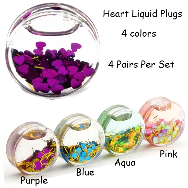 

Showlove-4 pairs mixed color Heart Glitter Liquids Ear Plug Tunnels Gauge Kit Piercing , Double Flared Expander