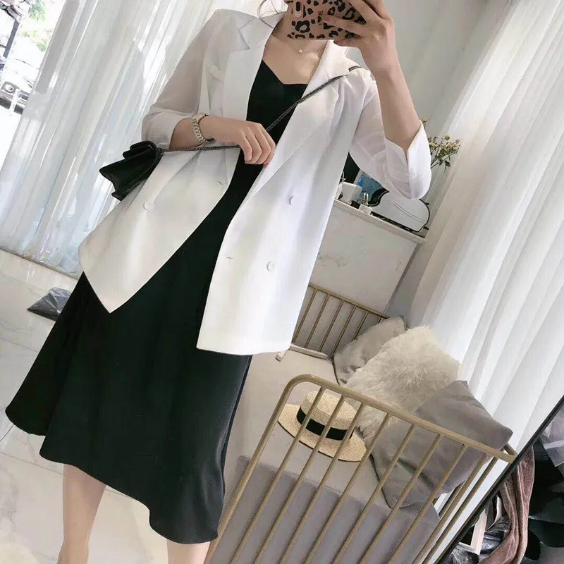 

Summer White Notched Women's Blazer Office Lady Sun Protective Blazers Female 2019 Autumn Solid Black Thin Elegant Outwear Women