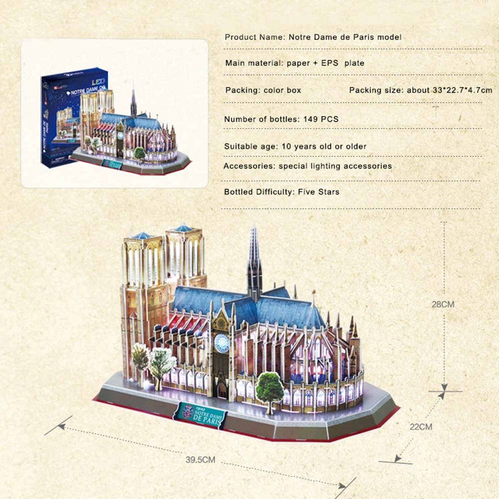 3D головоломки светодиодный освещения Нотр-Дам де Пари Архитектура модель 149 шт DIY игрушки оптом наука и образование игрушки