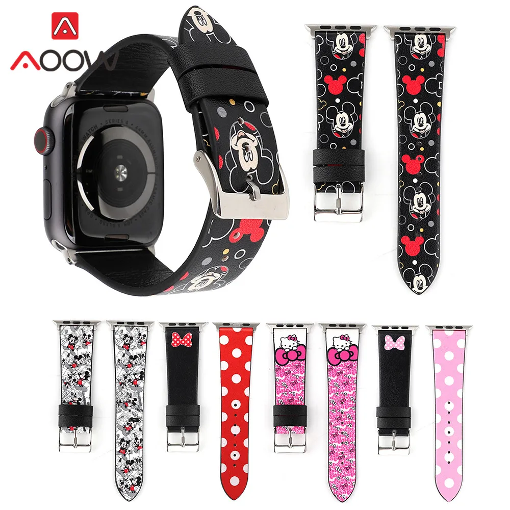 

Genuine Leather Watchband for Apple Watch 38mm 42mm 40mm 44mm Mickey Mouse Kitty Replacement Bracelet Strap Band for iwatch 1234