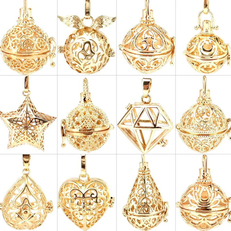 

2pcs Gold Color Filigree Pendant Wings Star Flower Heart Ball Cage Diffuser Perfume Locket Pendants For Handmade Jewelry
