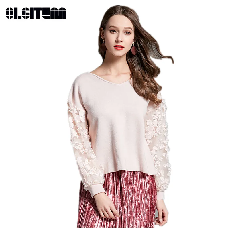Sweet Beaty Wear Sweater for Female Spring Puff Sleeve Knit Ladies V-neck Chiffon Girls SW833 | Женская одежда