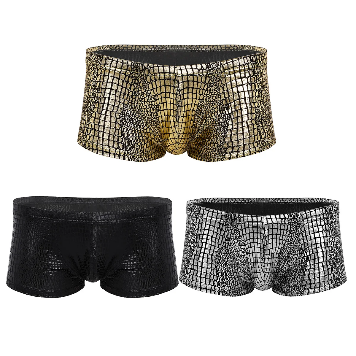 Sexy Mens Wet Look Shiny Metallic Lingerie Boxer Panties Underwear Snakeskin Printed Bulge Pouch Clubwear Low Rise Trunks Shorts