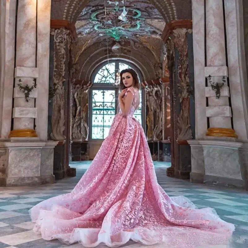 Саудовская Арабский розовый кружевной Русалка Вечерние платья со съемной поезд 3D цветок Роскошные Длинные Выпускной вечернее платье