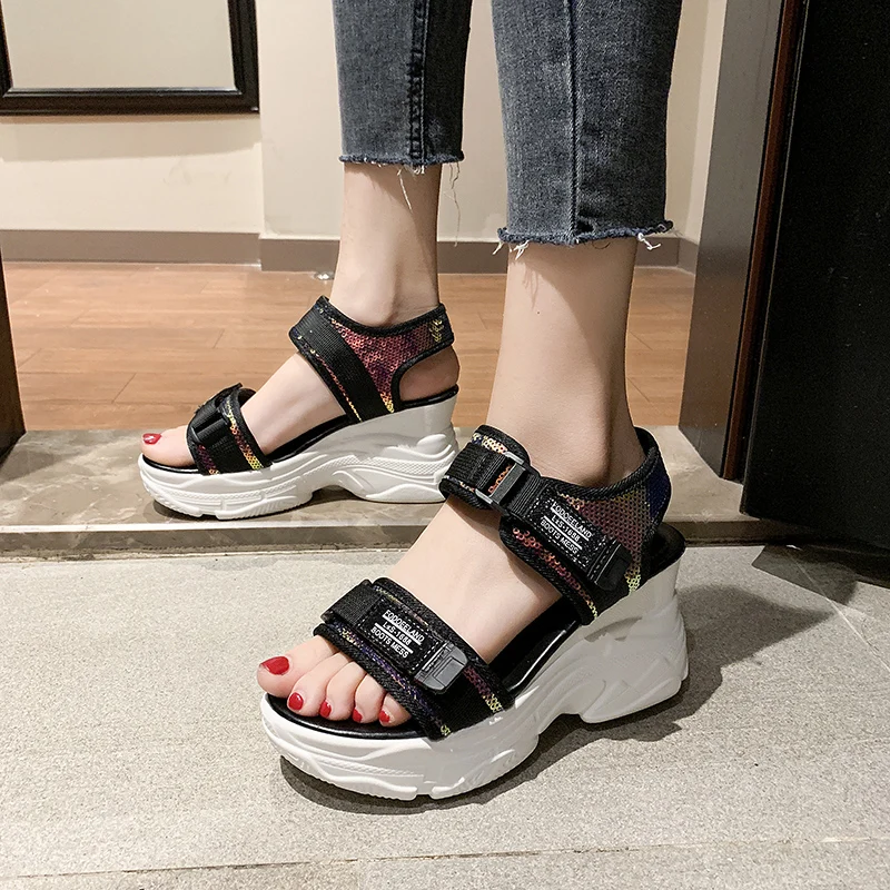 

Women High Heels Platform Sandals New Designer Sequin Roman Sandals High Quality Wedges High Heels Peep-Toe Platform Shoes Woman