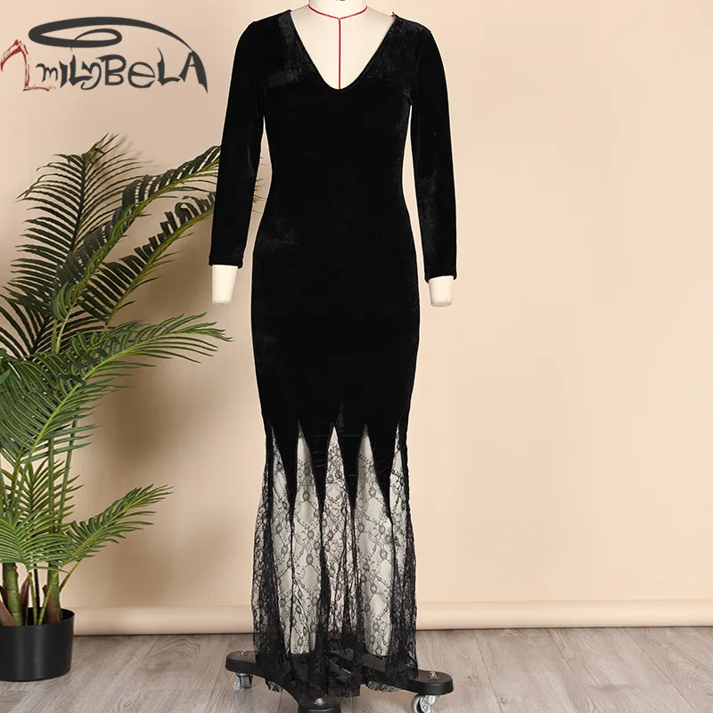 Buy Imily Bela Gothic Maxi Dress Sexy Black Deep V Neck Lace Splicing Collect Waist Mermaid Dress Long Sleeve Bodycon Trumpet Gowns