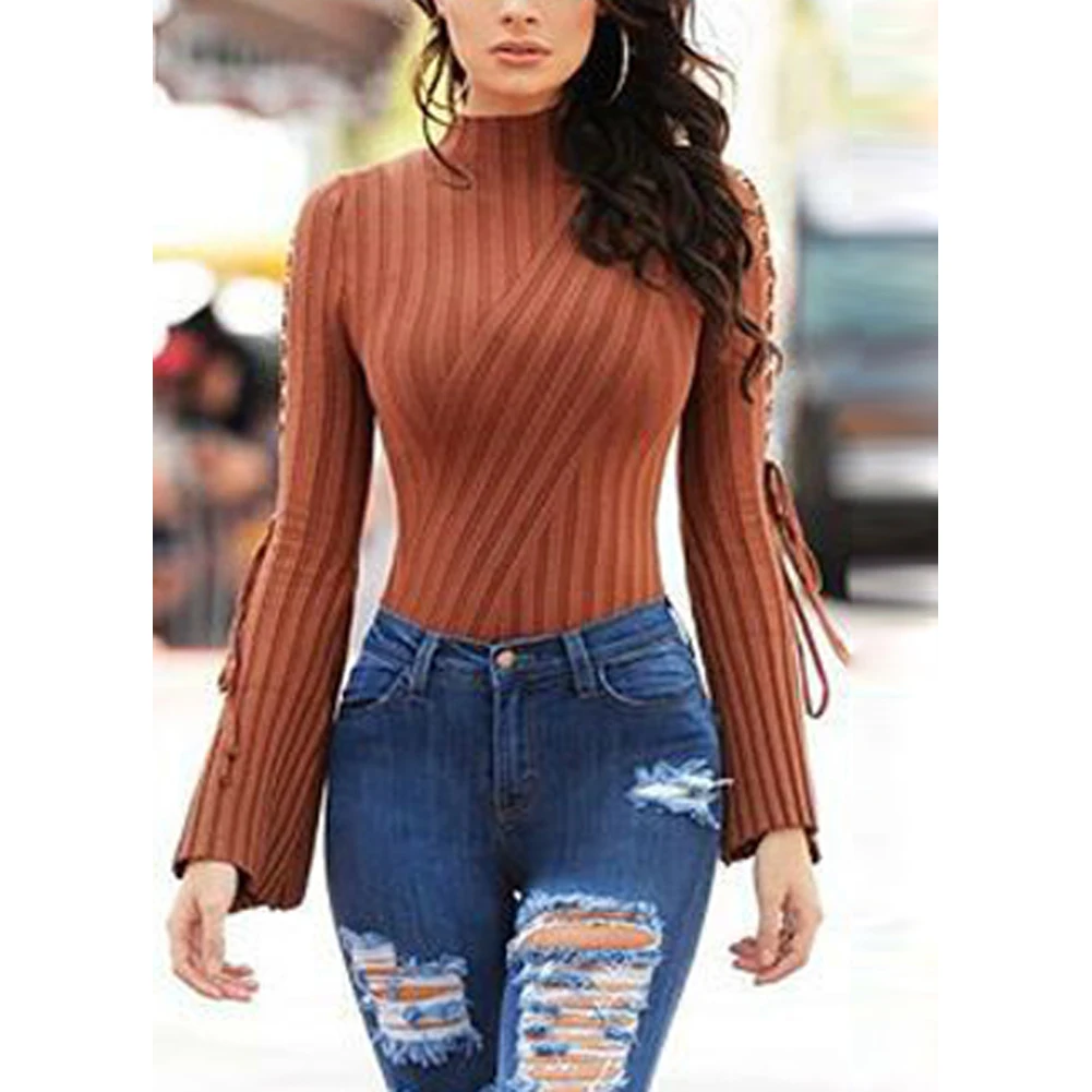 Flare Sleeve Bodysuit Sexy Bandage Solid Tights Overalls Jumpsuit High