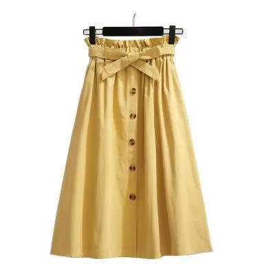Юбка плиссе Однобортные женские юбки плиссированная юбка средней длины из хлопка с высокой талией с карманом летняя длинная белая юбка однотонная желтая юбка женская Jupe Femme - Цвет: Yellow