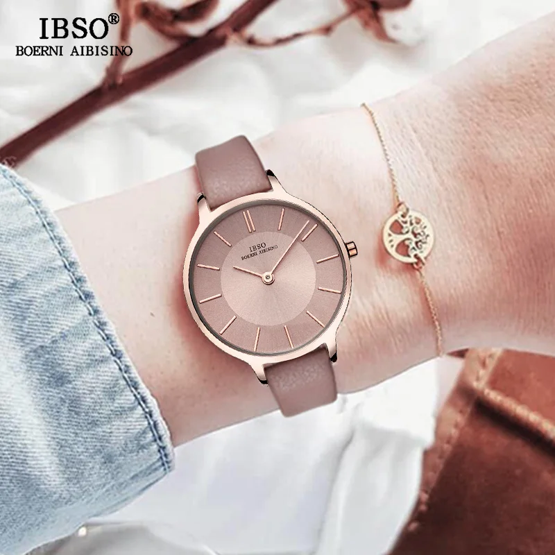 

IBSO New Brand 8 MM Ultra-Thin Quartz Watch Women Gray Leather Women Watches 2019 Luxury Ladies Watch Montre Femme