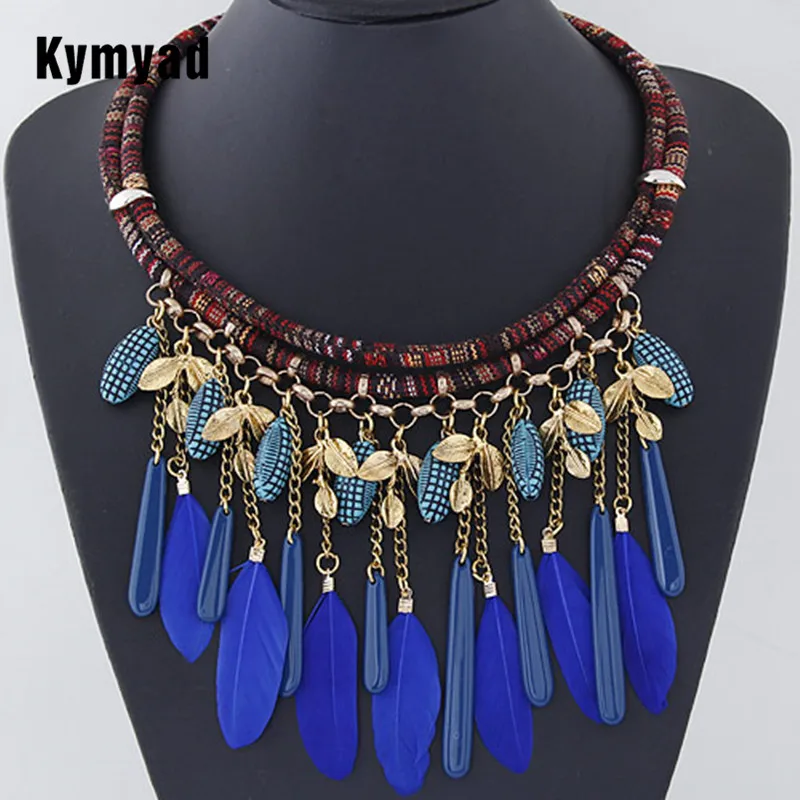 

Kymyad Collier femme Vintage Statement Necklaces For Women Bijoux Blue Feather Necklaces & Pendants Maxi Colar