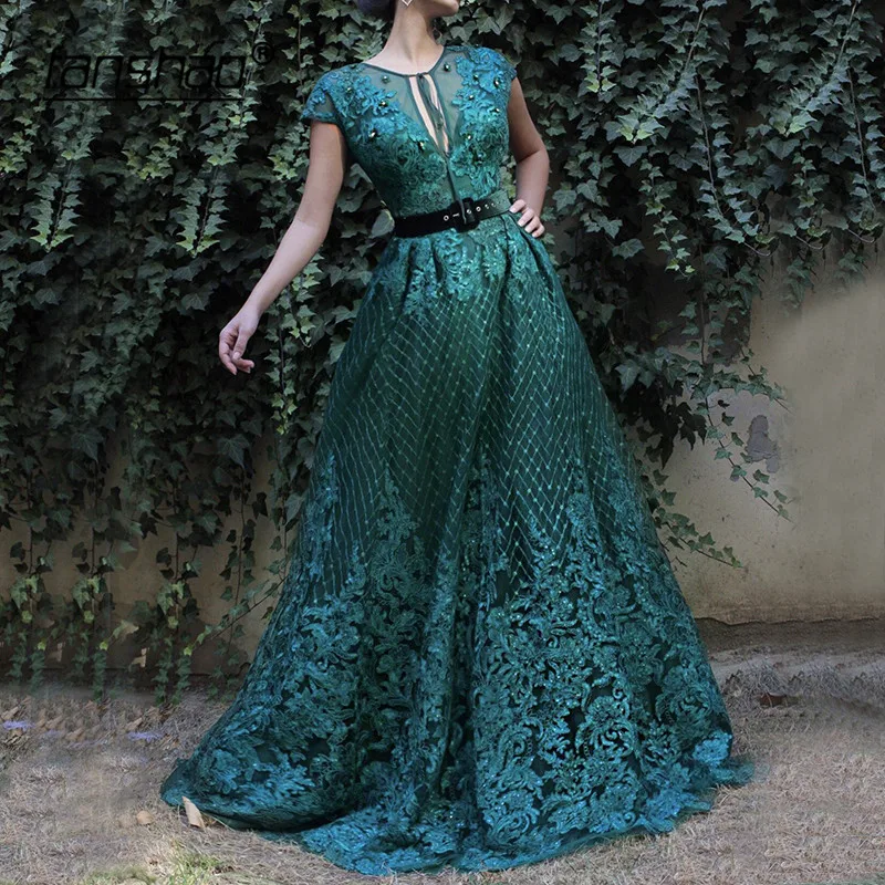 

Emerald Green Muslim Evening Dresses Quality Lace Beads Cap Sleeves Dubai Saudi Arabic Evening Gown Prom Dress
