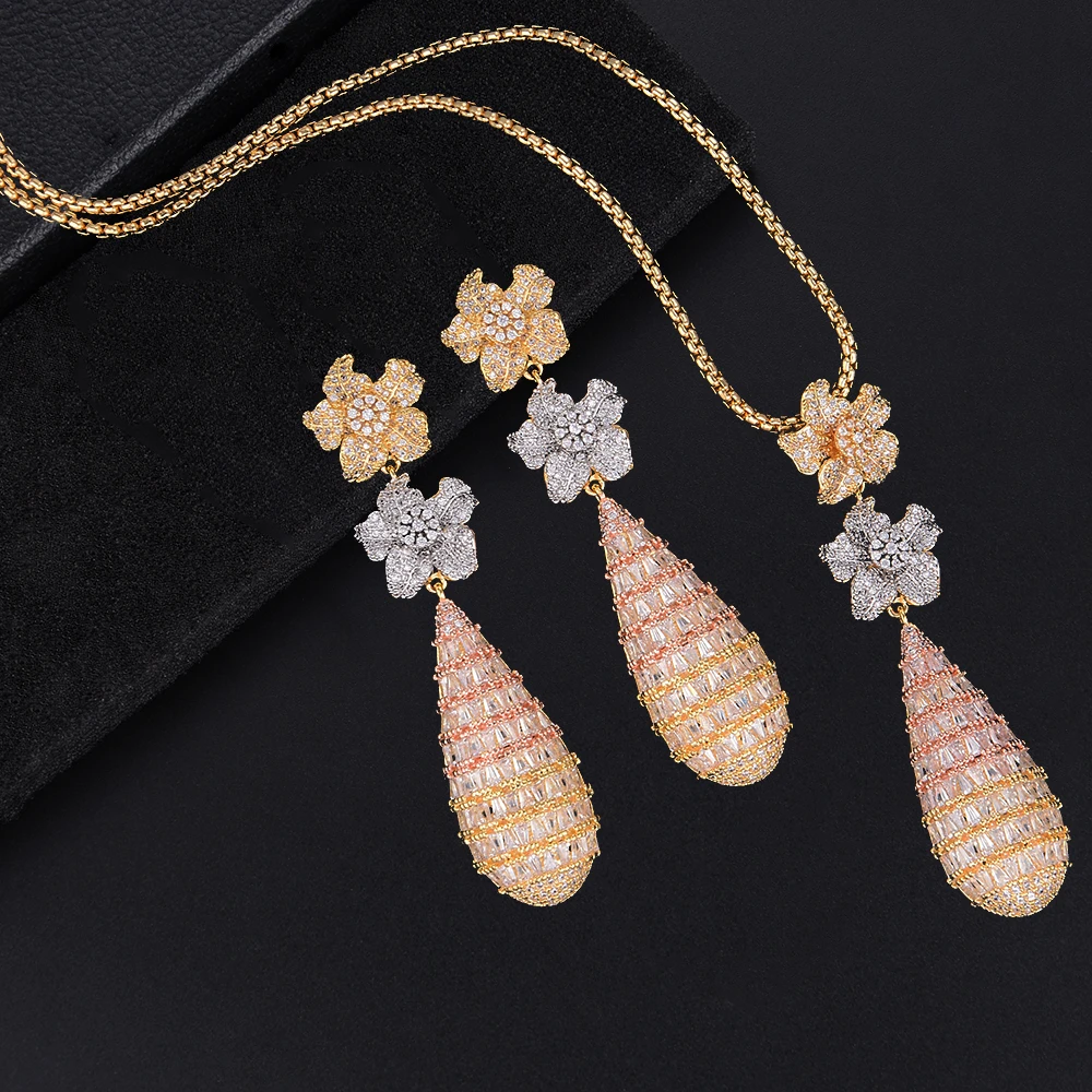 GODKI Luxury Blossom Flower Water Drop Women Wedding Cubic Zirconia Choker Necklace Earring Dubai Jewelry Set Jewellery Addict