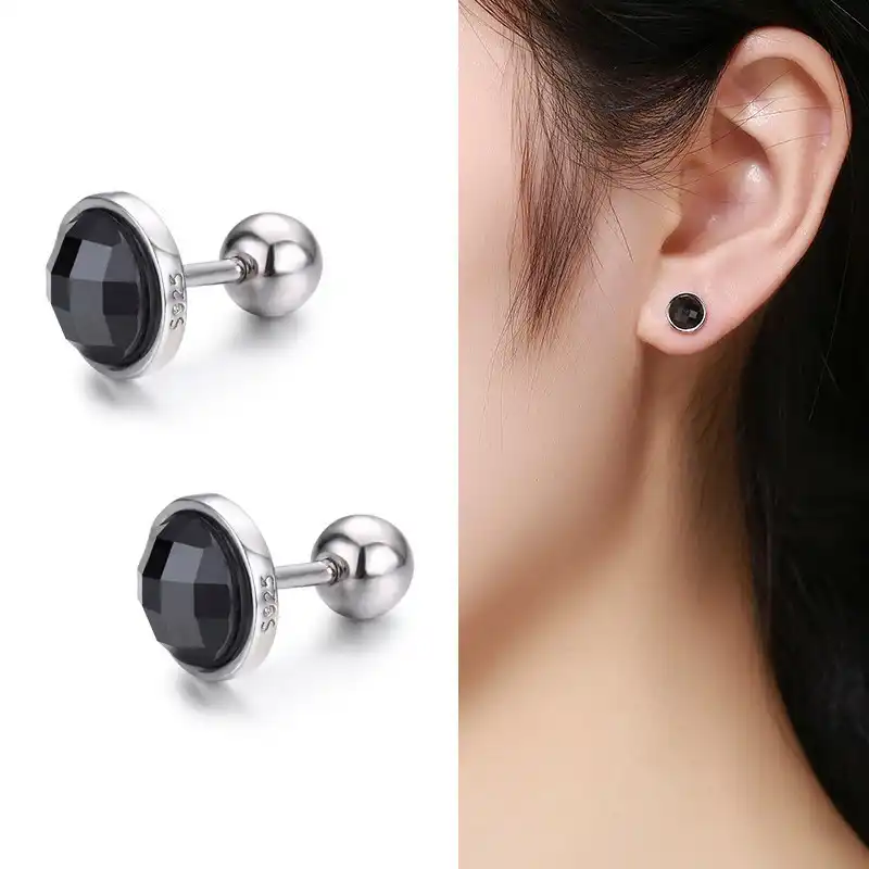 Стерлинговое Серебро 925 пробы, с круглым лицом, черный ониксовый шуруп, серьги-гвоздики для женщин, дети, девочки, ювелирные изделия Orecchini Aros ...