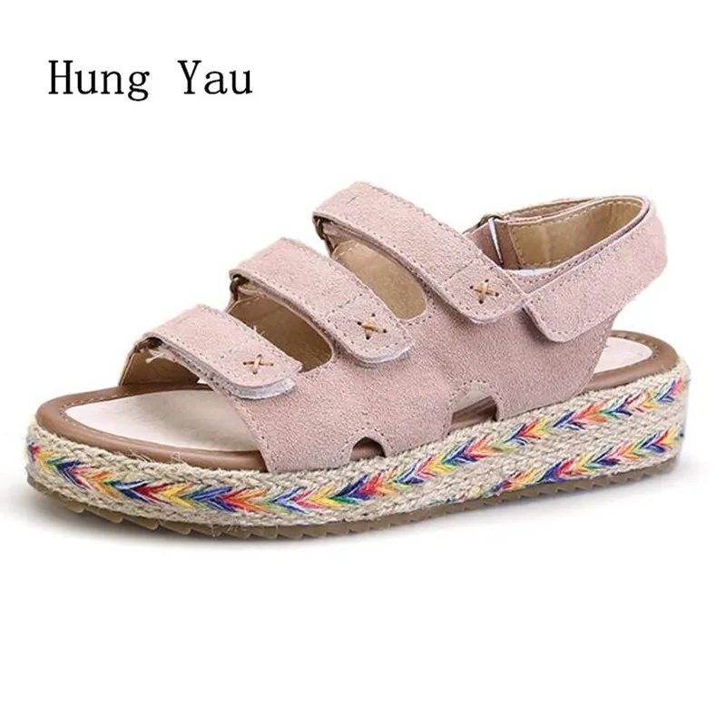 

Woman Sandals Shoes 2018 Summer Style Wedges Flat Hook & Loop Women Fashion Slippers Rome Platform Genuine Leather Plus Size