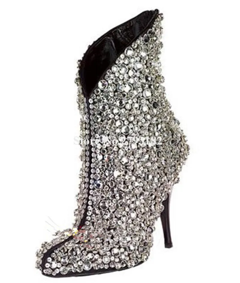 Alto De Vestir Slip Corto Tacón El Cristal Fino Bling Zapatos Punta Del Club Talón Tobillo Botas Mujeres Lujo Rhinestone Las en Zvn4Rg