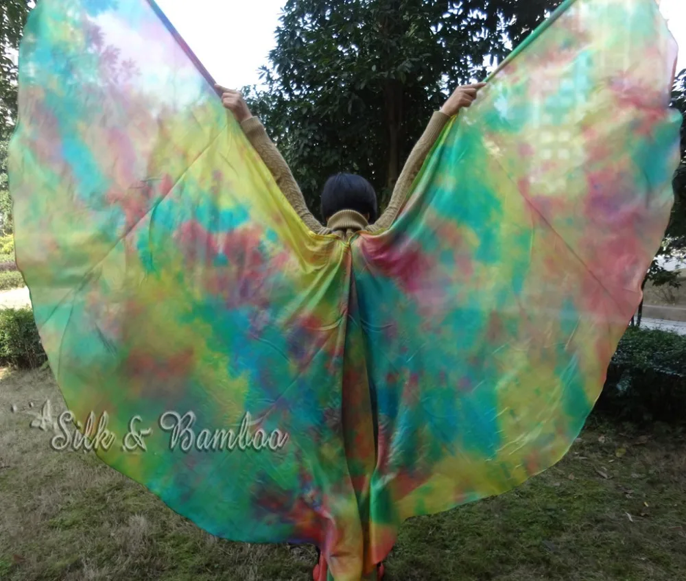 

Spring, 1set 2.7m*1.14m(3yard*45") tie-dye 6mm habotai double veil belly dance silk wing=2pcs veils, real silk!