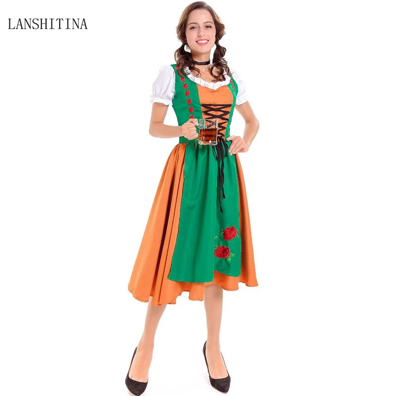 

LANSHITINA Halloween Beer Girl Costume Women German Oktoberfest Beer Girl Costume Dirndl Dress Green Wench Uniform