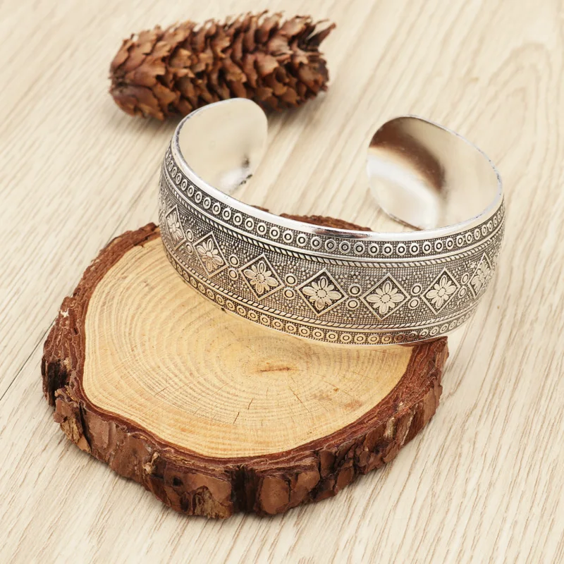 Tenande винтажные браслеты и браслеты в стиле панк тибетского серебристого цвета с открытым ромбовидным цветком для женщин, простой стиль, манжеты, вечерние ювелирные изделия, подарки