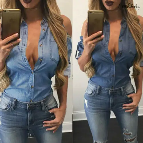 Summer Women Casual Tops HOT Women Summer Long Sleeve Off Shoulder Turn-down Collar Single Breasted Soft Denim Loose Tops Summer Women Casual Tops HOT Women Summer Long Sleeve Off Shoulder Turn-down Collar Single Breasted Soft Denim Loose Tops